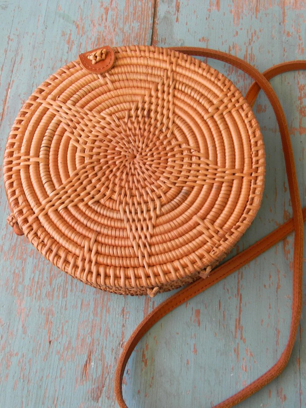 Handmade Round Rattan Crossbody Bag Woven Straw Circle STAR Brown Boho Summer
